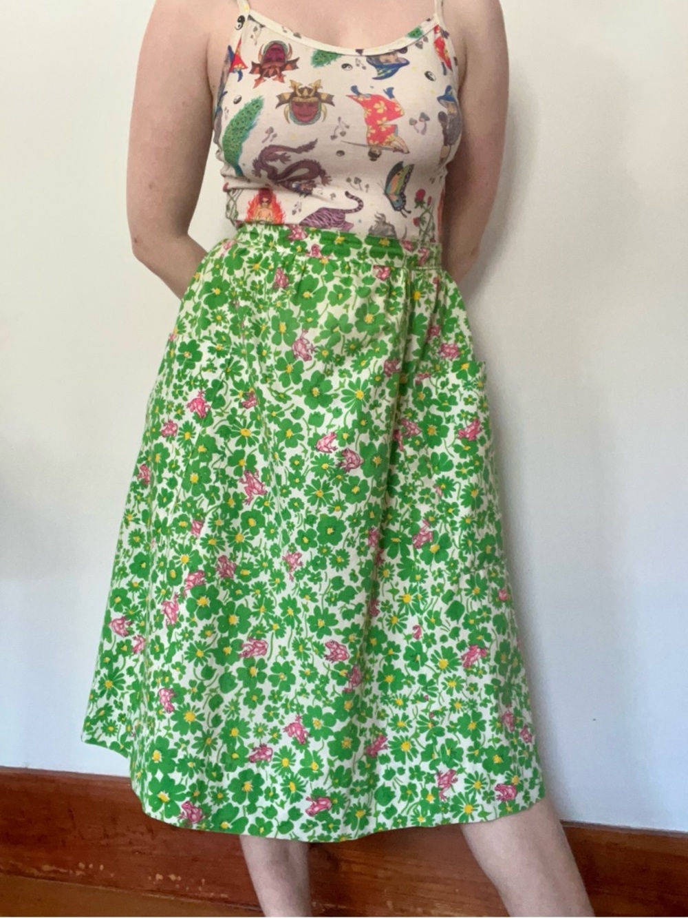 Vintage 1960s 70s Handmade Frog Novelty Print Cotton Midi Skirt Pockets XS/S